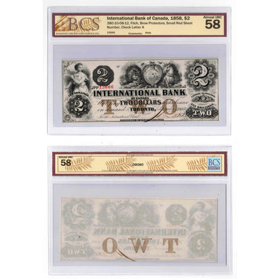 SOLD $2 1858 International Bank of Canada Chartered Note Ch #380-10-08-12 - BCS AU-58
