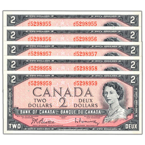 SOLD $2 1954 Bank of Canada Notes J/U Prefix BC-38b - 5 Consecutive Uncirculated