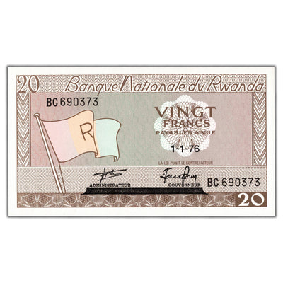 Rwanda 1976 20 Twenty Francs Note P #6e - Choice Uncirculated