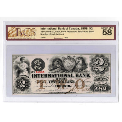 SOLD $2 1858 International Bank of Canada Chartered Note Ch #380-10-08-12 - BCS AU-58