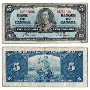 SOLD $5 1937 Bank of Canada Note Coyne-Towers C/S Prefix BC-23c - Minor Edge Tear