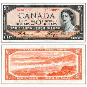 SOLD $50 1954 Bank of Canada Note Beattie-Coyne A/H Prefix BC-42a - About EF
