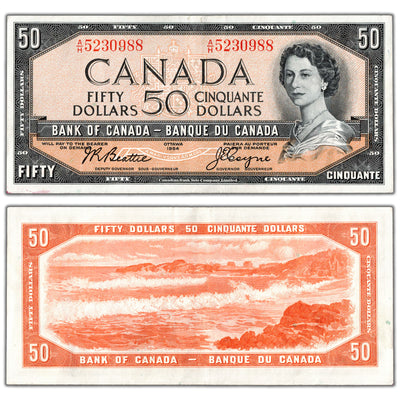 SOLD $50 1954 Bank of Canada Note Beattie-Coyne A/H Prefix BC-42a - About EF