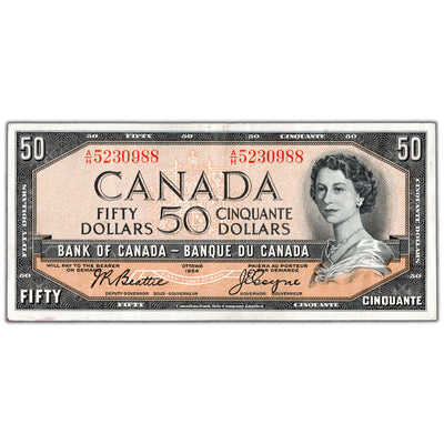 SOLD $50 1954 Bank of Canada Note Beattie-Coyne A/H Prefix BC-42a - About EF