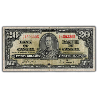 $20 1937 Bank of Canada Note Coyne-Towers K/E Prefix BC-25c - F/VF
