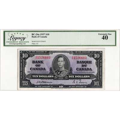 $10 1937 Bank of Canada Note Osborne Signature A/D Prefix BC-24b - Legacy EF-40