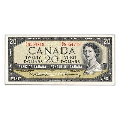 $20 1954 Bank of Canada Note Beattie-Rasminsky B/W Prefix BC-41b - EF+
