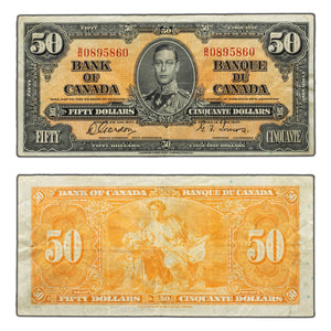 SOLD $50 1937 Bank of Canada Note Gordon-Towers B/H Prefix BC-26b - F/VF