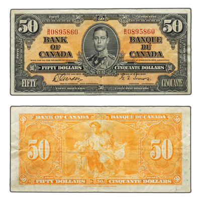 SOLD $50 1937 Bank of Canada Note Gordon-Towers B/H Prefix BC-26b - F/VF