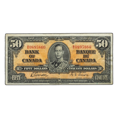SOLD $50 1937 Bank of Canada Note Gordon-Towers B/H Prefix BC-26b - F/VF