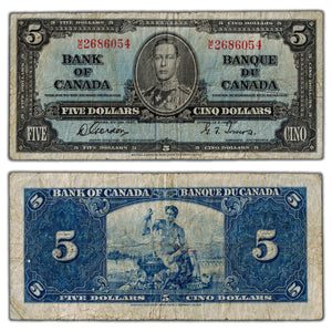 SOLD $5 1937 Bank of Canada Note Gordon-Towers M/C Prefix BC-23b - Circulated