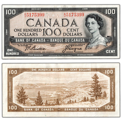 SOLD $100 1954 Bank of Canada Note Beattie-Coyne A/J Prefix BC-43a - VF/EF