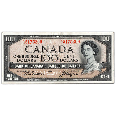 SOLD $100 1954 Bank of Canada Note Beattie-Coyne A/J Prefix BC-43a - VF/EF