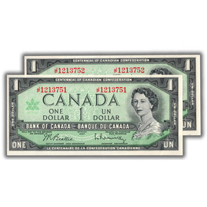 SOLD $1 1967 Bank of Canada Notes J/P Prefix BC-45b-i - 2 Consecutive AU