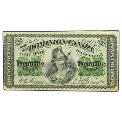 SOLD 25 Cents 1870 Dominion of Canada Shinplaster Note DC-1c - F/VF
