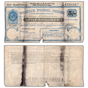 Great Britain George V 5 Five Shillings British Postal Order - Damaged