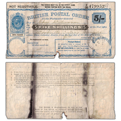 Great Britain George V 5 Five Shillings British Postal Order - Damaged