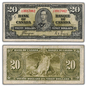 SOLD $20 1937 Bank of Canada Note Coyne-Towers J/E Prefix BC-25c - Writing