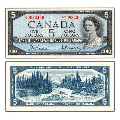 $5 1954 Bank of Canada Note Beattie-Rasminsky E/X Prefix BC-39b - AU/UNC