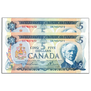 SOLD $5 1972 Bank of Canada Notes SK Prefix BC-48b - 2 Consecutive UNC