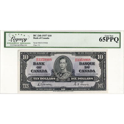 $10 1937 Bank of Canada Note Gordon-Towers R/D Prefix BC-24b - Legacy Gem UNC-65 PPQ