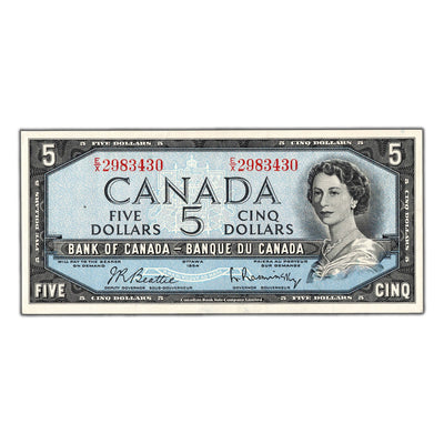 $5 1954 Bank of Canada Note Beattie-Rasminsky E/X Prefix BC-39b - AU/UNC