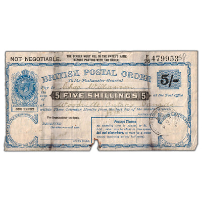 Great Britain George V 5 Five Shillings British Postal Order - Damaged