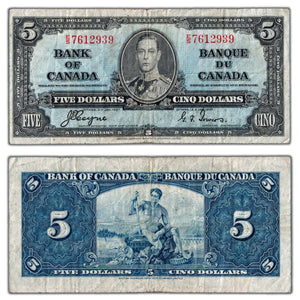 SOLD $5 1937 Bank of Canada Note Coyne-Towers E/S Prefix BC-23c - Fine