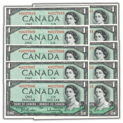 SOLD $1 1954 Bank of Canada Note *A/A Replacement Prefix BC-37bA - 10 Consecutive
