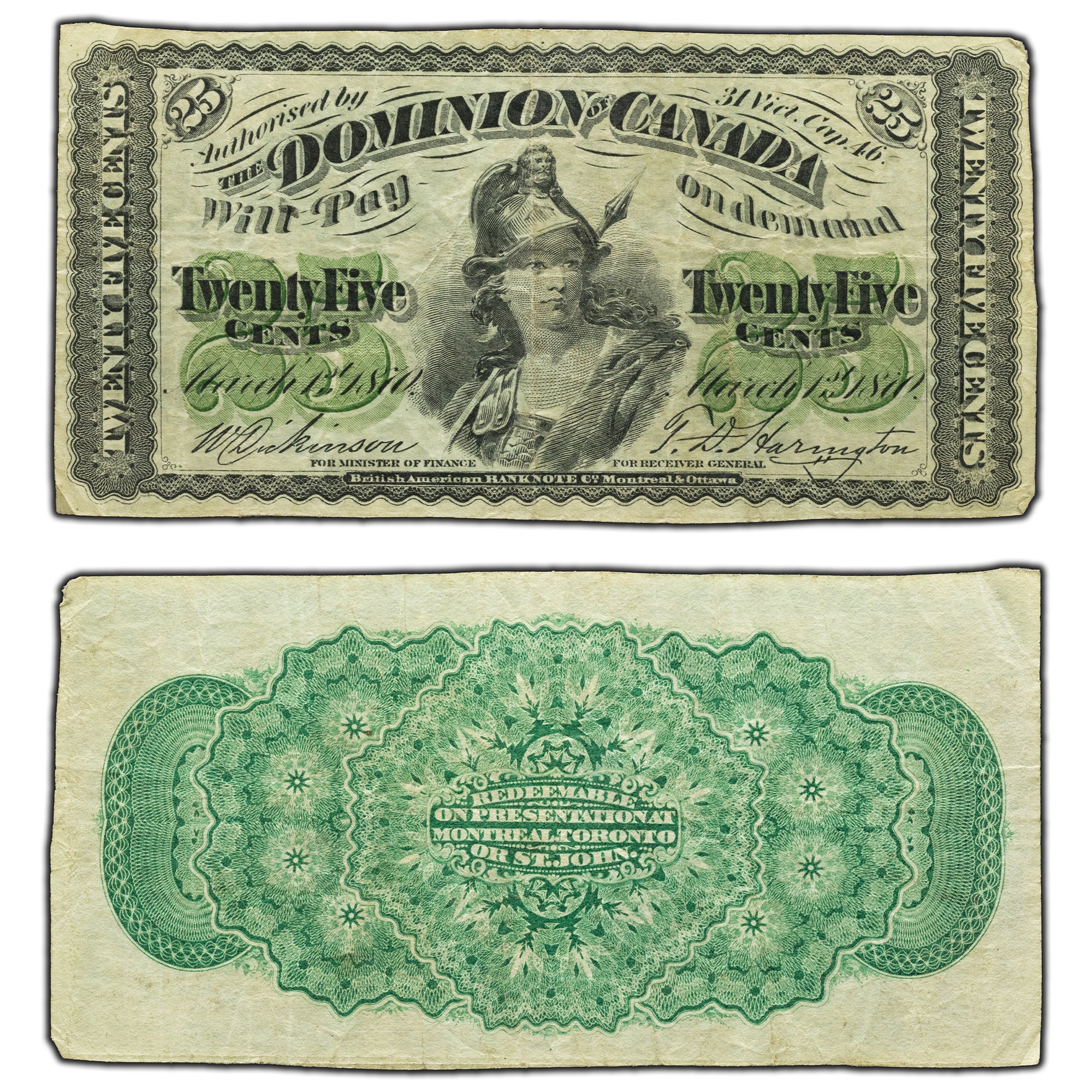 SOLD 25 Cents 1870 Dominion of Canada Shinplaster Note DC-1c - Fine+ ...