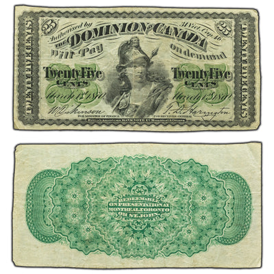 SOLD 25 Cents 1870 Dominion of Canada Shinplaster Note DC-1c - Fine+