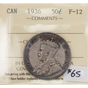 SOLD Canada 1936 50 Cents Half Dollar Silver Coin - ICCS F-12