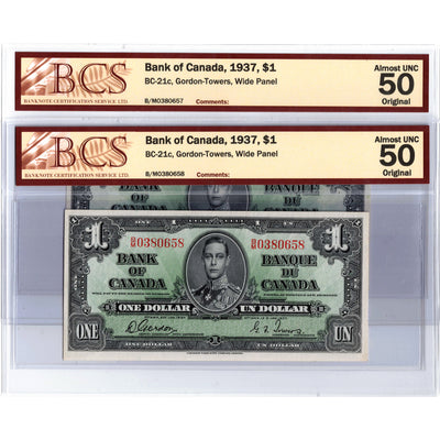 SOLD $1 1937 Bank of Canada Notes B/M Prefix BC-21c - 2 Consecutive BCS AU-50