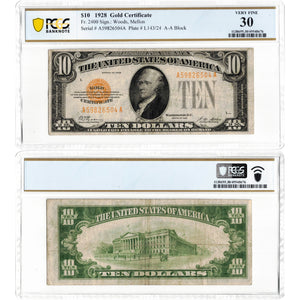 United States 1928 $10 Gold Certificate Note Fr. 2400 - PCGS VF-30