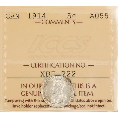 Canada 1914 5 Cents Silver Coin - ICCS AU-55