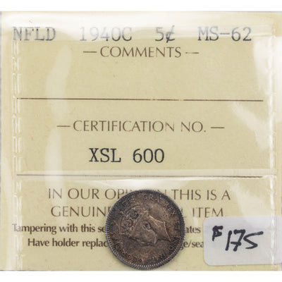 Newfoundland 1940c 5 Cents Silver Coin - ICCS MS-62