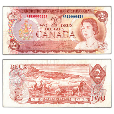 SOLD $2 1974 Bank of Canada Note ARE Prefix Low Serial #631 - VF