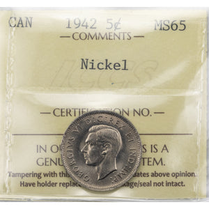 SOLD Canada 1942 5 Cents Nickel Coin - ICCS MS-65