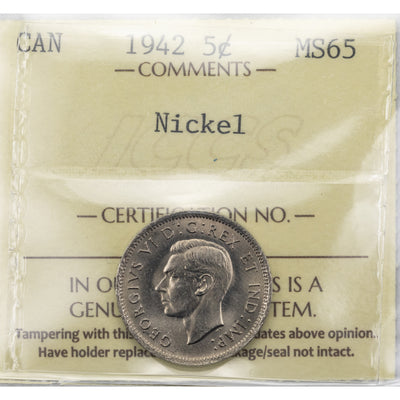SOLD Canada 1942 5 Cents Nickel Coin - ICCS MS-65