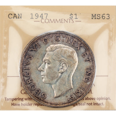 Canada 1947 Blunt 7 $1 Silver Dollar Coin - ICCS MS-63
