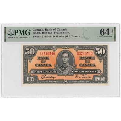 SOLD $50 1937 Bank of Canada Note Gordon-Towers B/H Prefix BC-26b - PMG UNC-64 EPQ