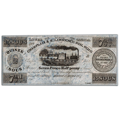 SOLD 15 Sous 7 1/2 Pence 1837 Champlain & St Lawrence Rail Road Remainder Note - UNC