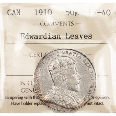 SOLD Canada 1910 Edwardian Leaves 50 Cents Half Dollar Silver Coin - ICCS EF-40