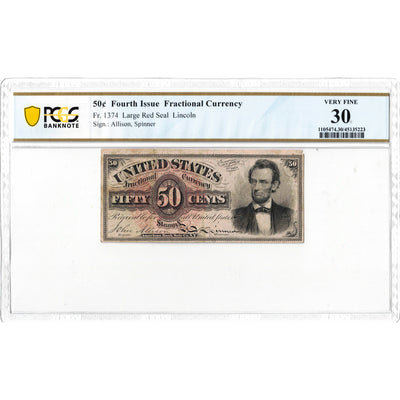 United States 1869 50 Cents Fourth Issue Fractional Currency Note Fr. 1374 - PCGS VF-30