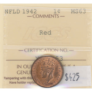 Newfoundland 1942 1 One Small Cent Coin - ICCS MS-63 Red