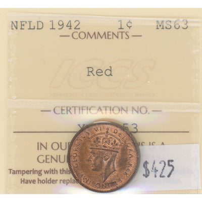 Newfoundland 1942 1 One Small Cent Coin - ICCS MS-63 Red