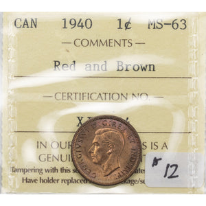 SOLD Canada 1940 1 Small Cent Coin - ICCS MS-63 Red and Brown