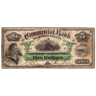 SOLD $5 1888 Commercial Bank of Newfoundland Canada Chartered Note