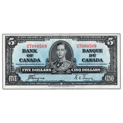 $5 1937 Bank of Canada Note Coyne-Towers H/S Prefix BC-23c - AU/UNC