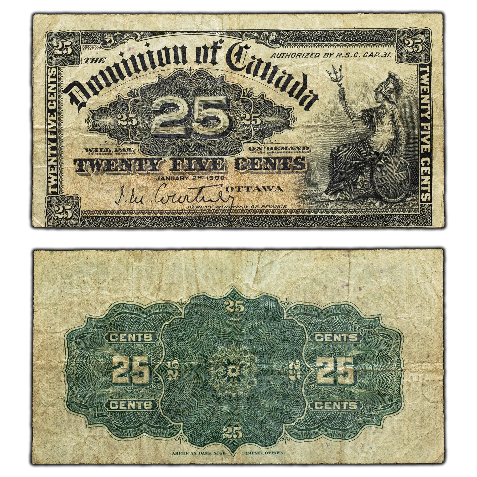 SOLD 25 Cents 1900 Dominion of Canada Shinplaster Note Courtney DC-15a ...